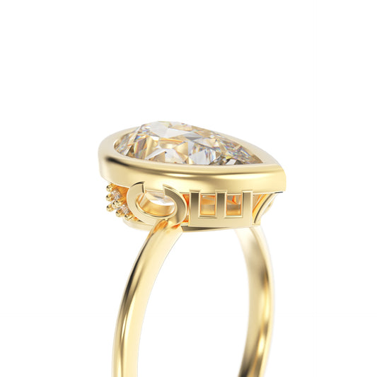 Gold ring with a large diamond and smaller diamonds on a white background