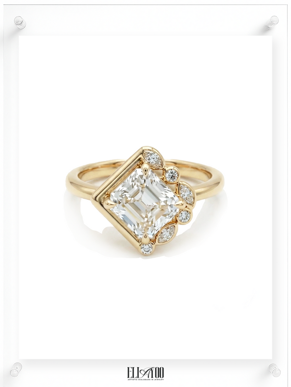 Contemporary yellow gold ring with emerald-cut diamond and pavé diamond accents, front view