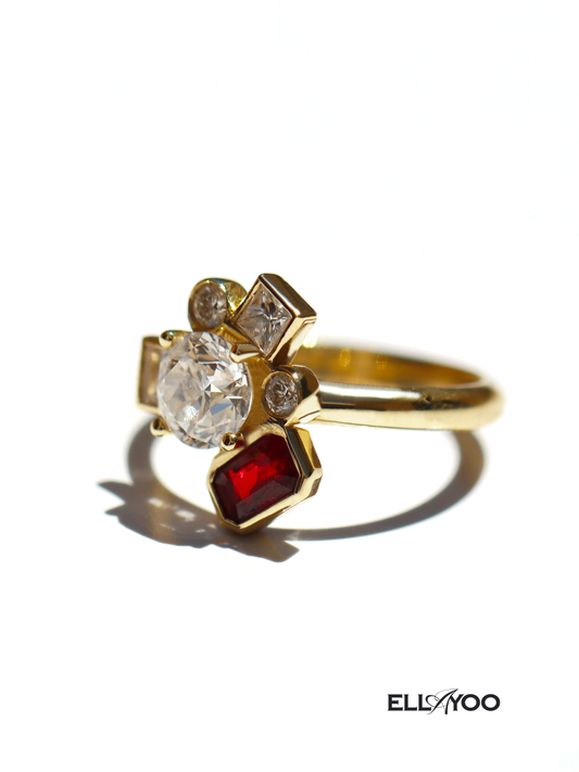 Bauhaus Ruby Flower Diamond & Moissanite Ring