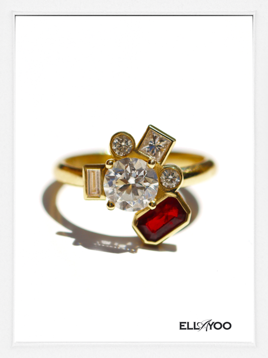Bauhaus Ruby Flower Diamond & Moissanite Ring