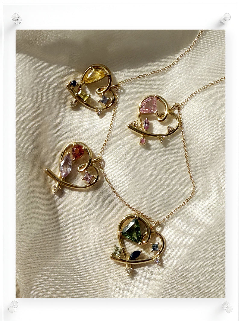 Contemporary Gold Heart Necklace with Natural Pink Sapphires