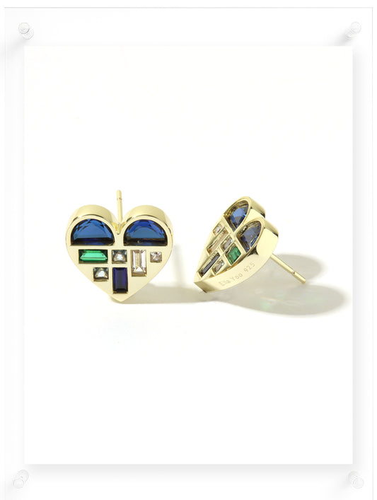 Poetic Heart Blue Sapphire Earring - 18k Plated Gold (Pair)