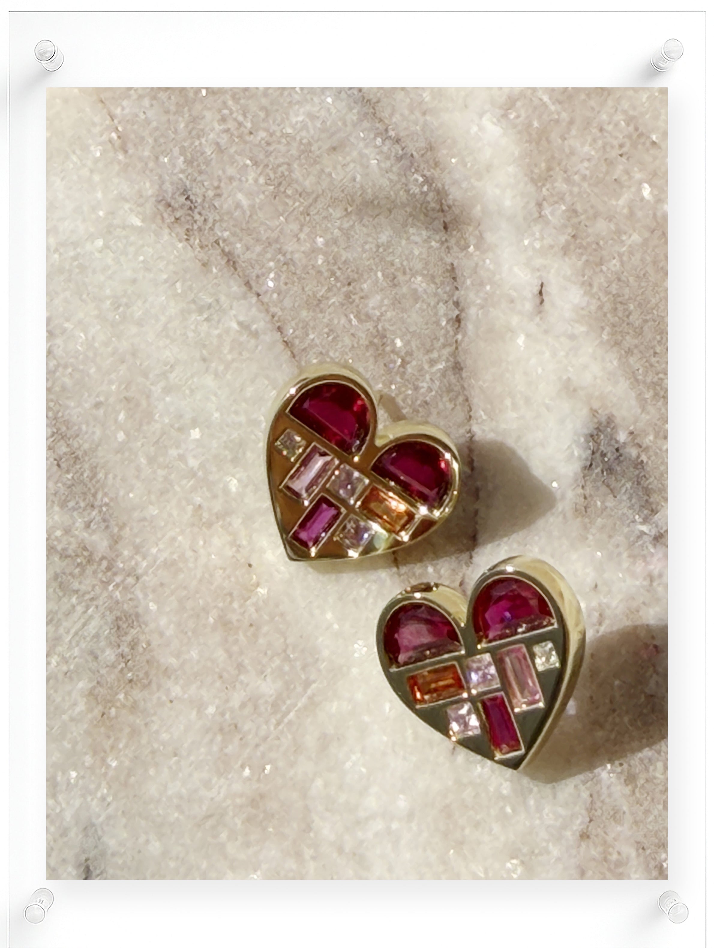 Heart-shaped stud earrings in 14K yellow gold with multicolor gemstone mosaic by Ella Yoo Jewelry