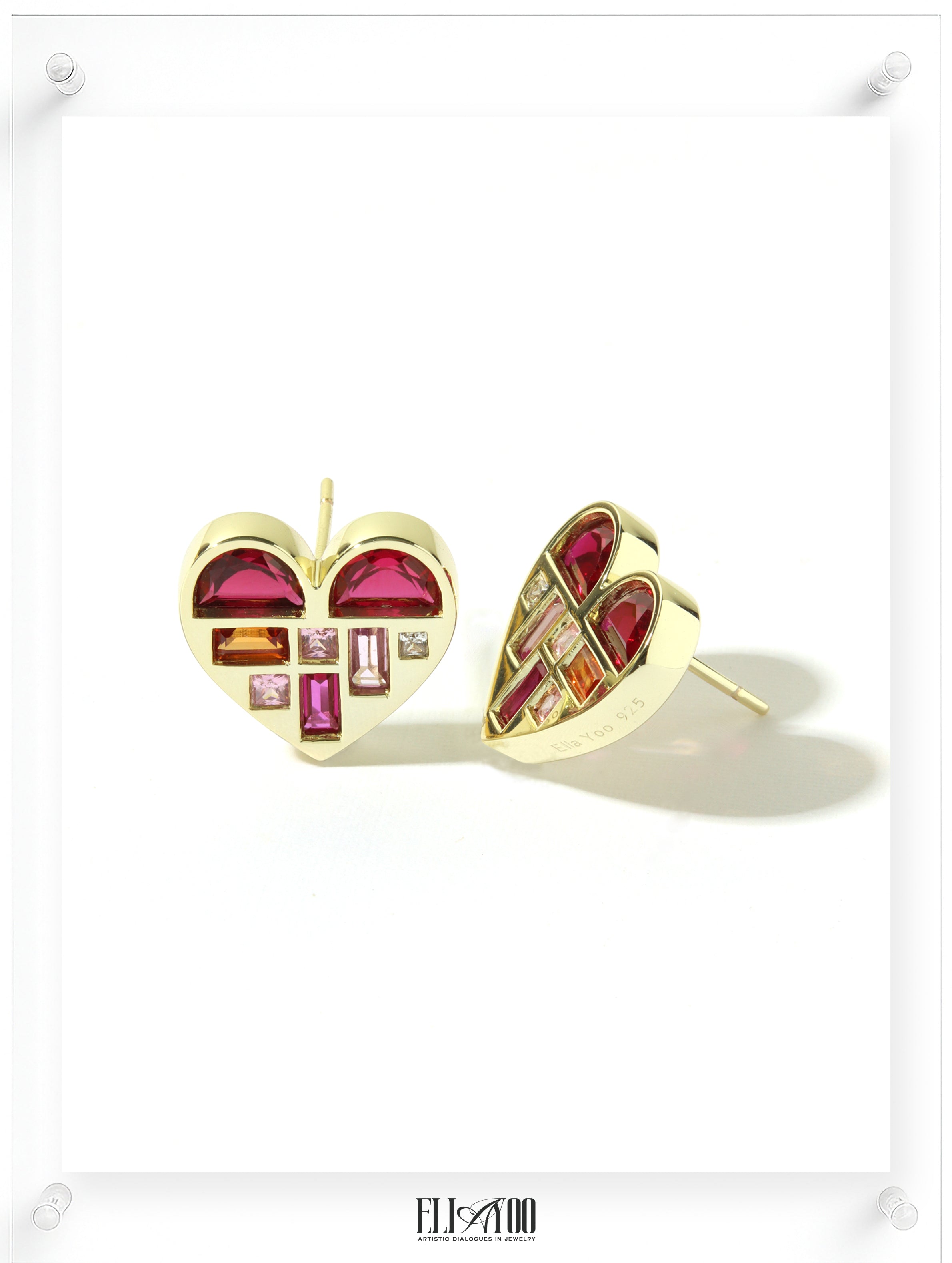 14K Yellow Gold Heart Stud Earrings with Pink Sapphire, Ruby, and Multicolor Gemstones by Ella Yoo Jewelry