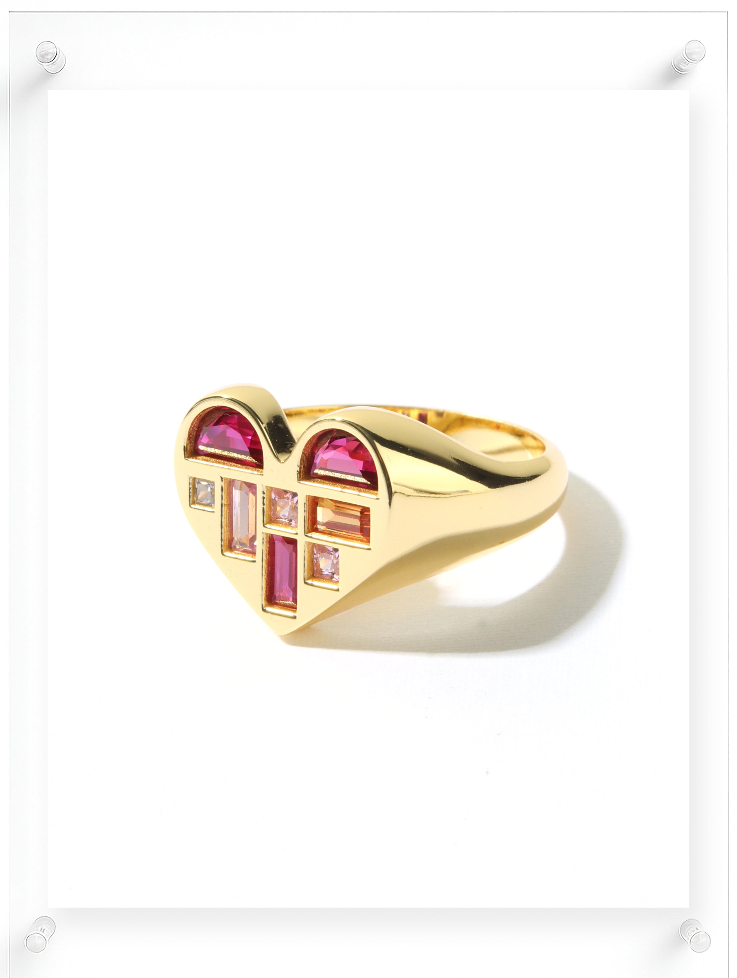 14K Yellow Gold Heart Shaped Ring with Pink Sapphire and Multicolor Gemstone Accents by Ella Yoo Jewelry