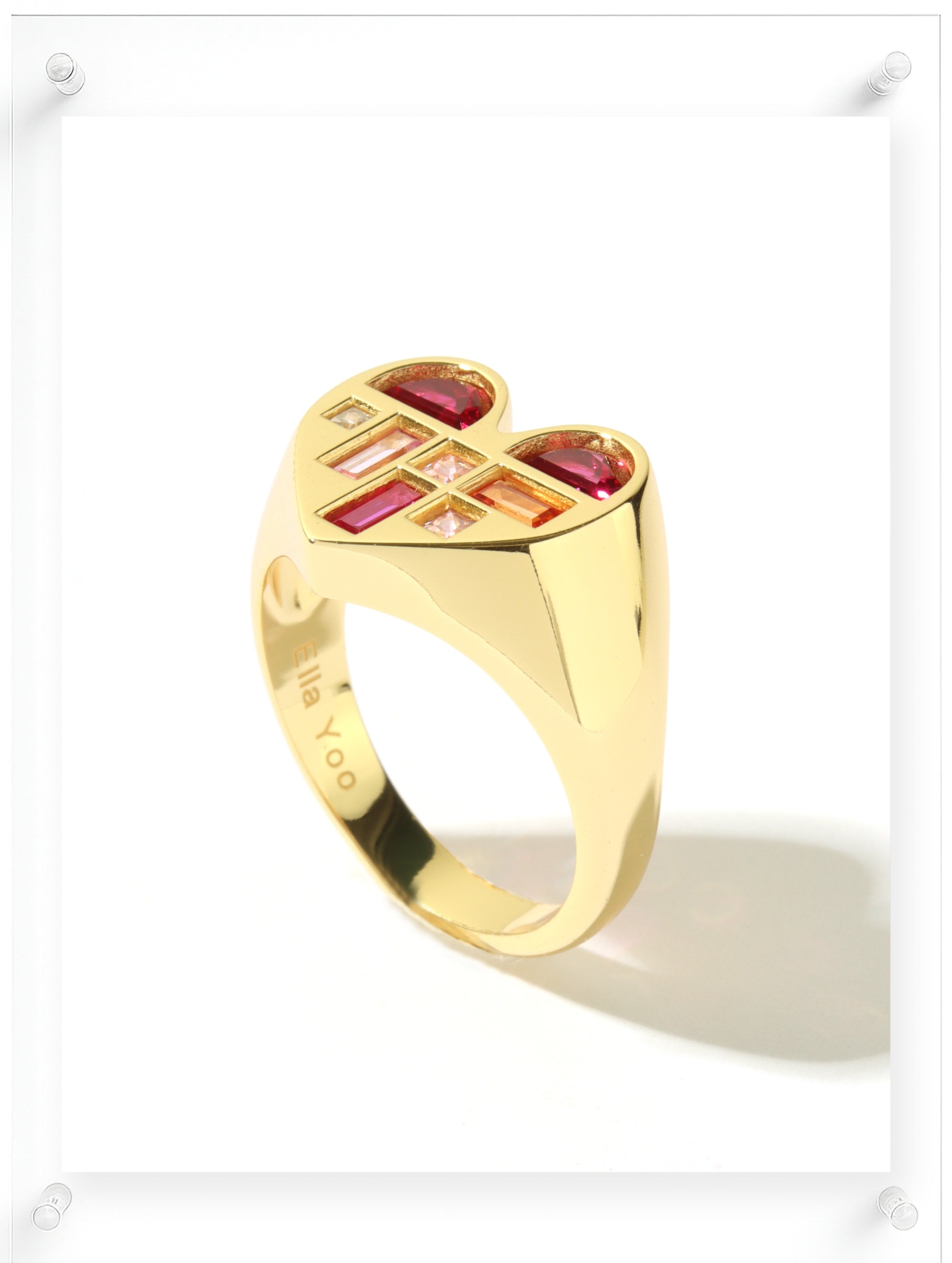 14K Yellow Gold Heart Shaped Ring with Pink Sapphire and Multicolor Gemstone Accents by Ella Yoo Jewelry