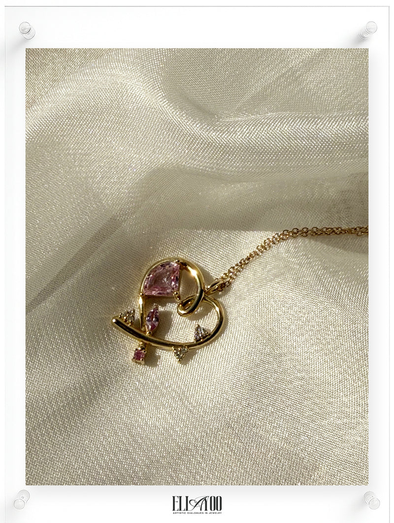 14K Yellow Gold Open Heart Necklace with Pink Sapphire by Ella Yoo Jewelry