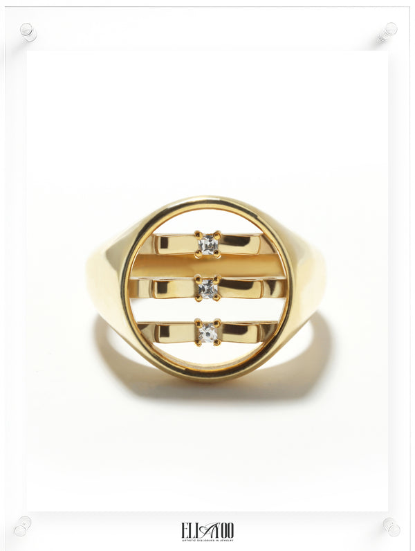Front image of 10k gold signet ring featuring ribbon shape with White Diamond