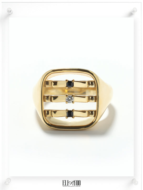 Front image of signet 10k gold ring featuring ribbon shape with black and white diamond