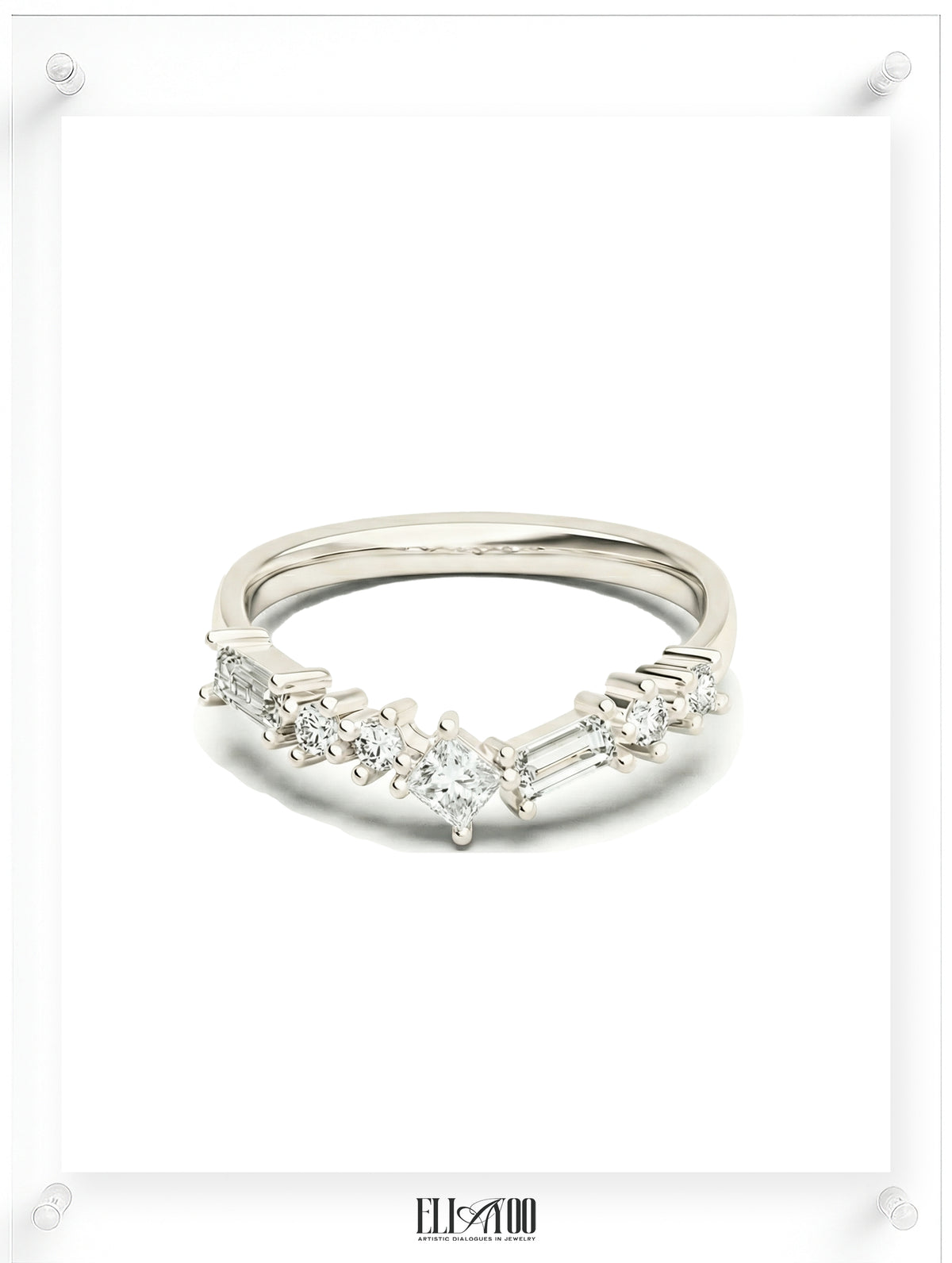 geometrically curved diamond wedding band in white gold, featuring a unique cluster of baguette, princess, and round brilliant cut diamonds.