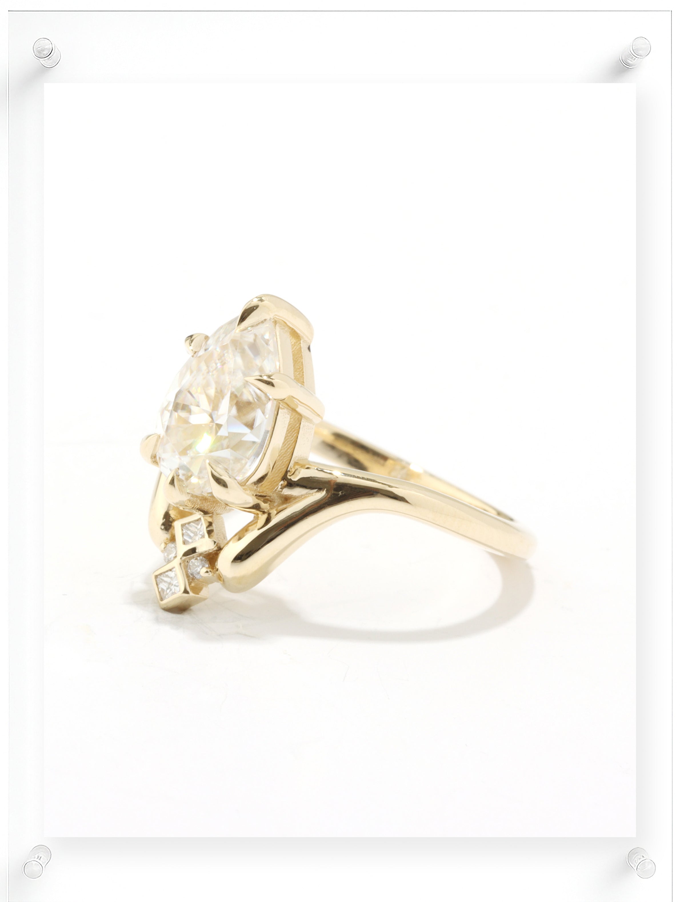 14K Yellow Gold Ring with Pear Shaped Diamond Center and Sculptural Side