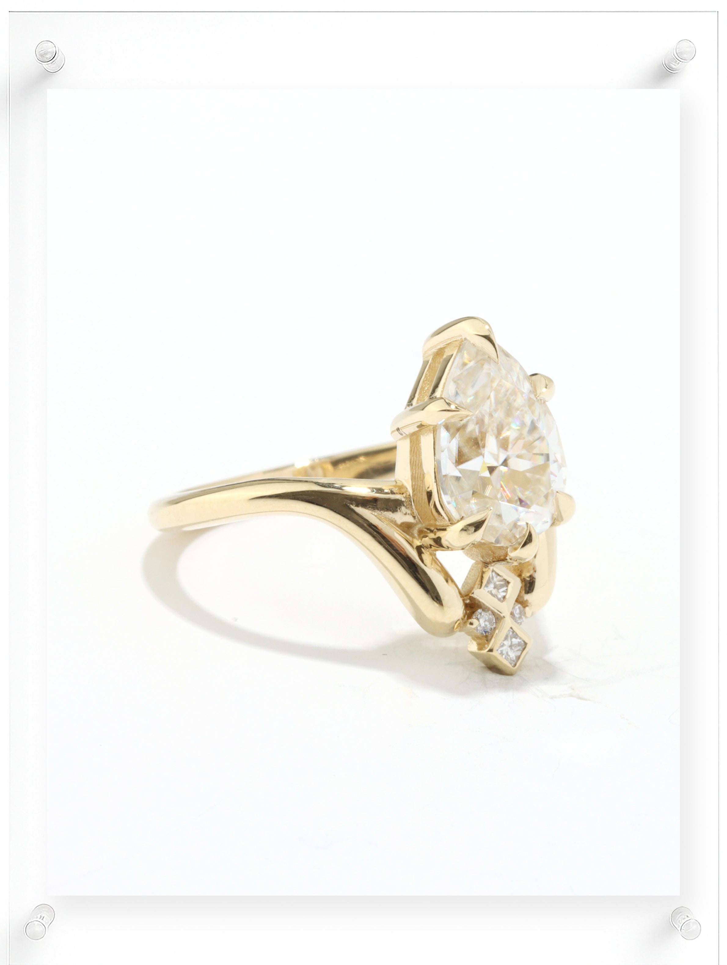 14K Yellow Gold Ring with Pear Shaped Diamond Center and Sculptural Side Profile by Ella Yoo Jewelry