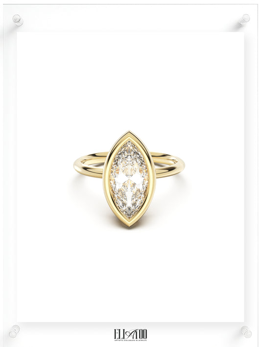 Front view of Marquise Cut Diamond Ring with bezel setting featuring initials on the side
