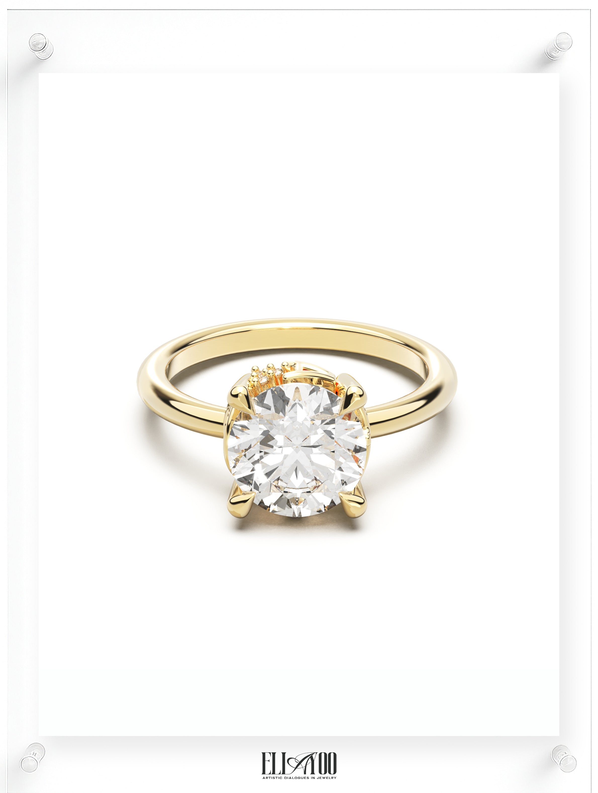 Front view of Round Cut Diamond Ring with claw setting featuring initials on the side