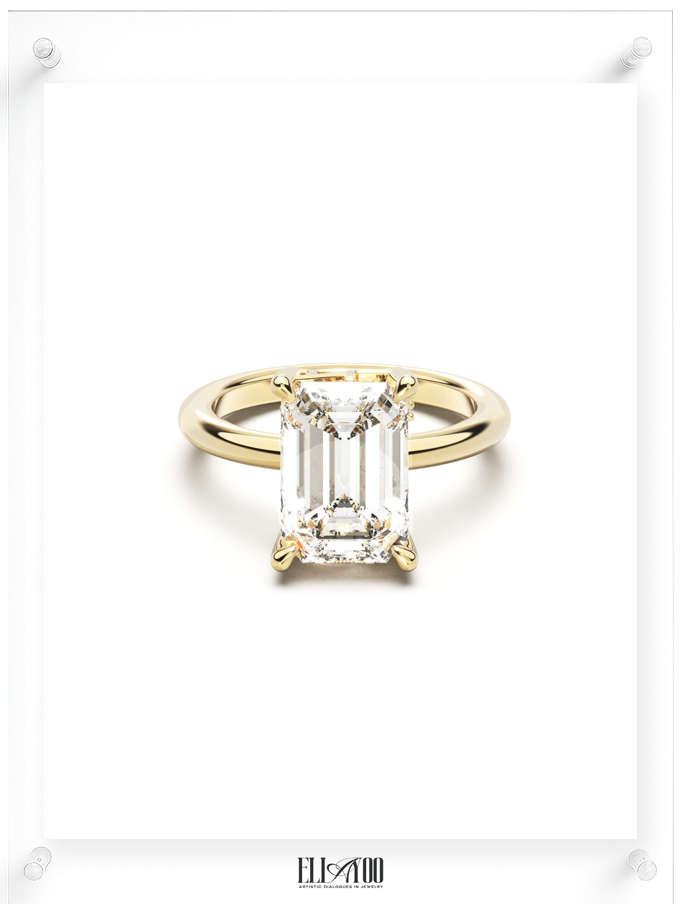 Front view of Radiant Cut Diamond Ring with claw setting featuring initials on the side