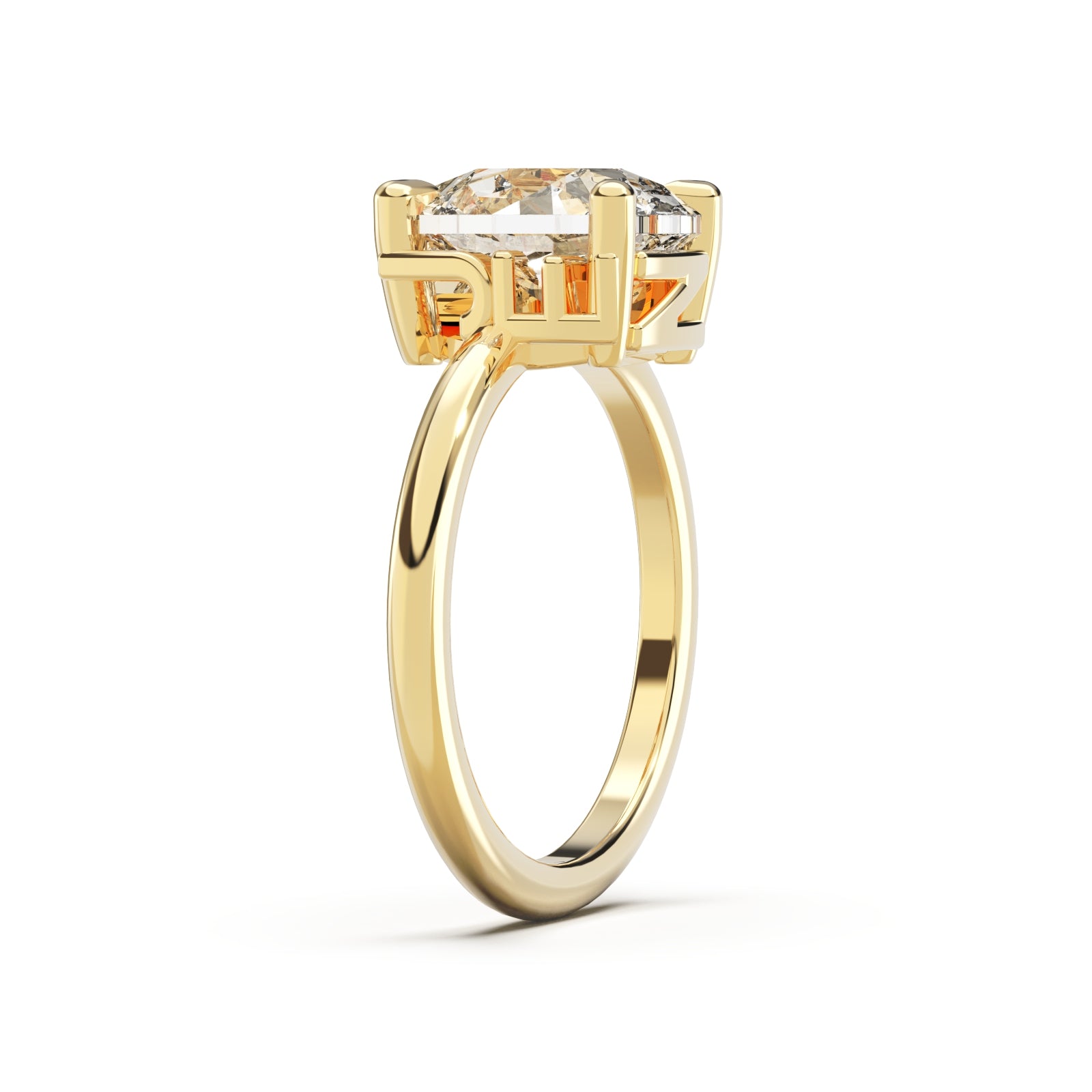 Upright side view of Round Cut Diamond Ring with claw setting featuring initials on the side