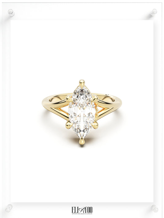 Front view of Marquise Cut Diamond Ring with claw setting featuring initials on the side