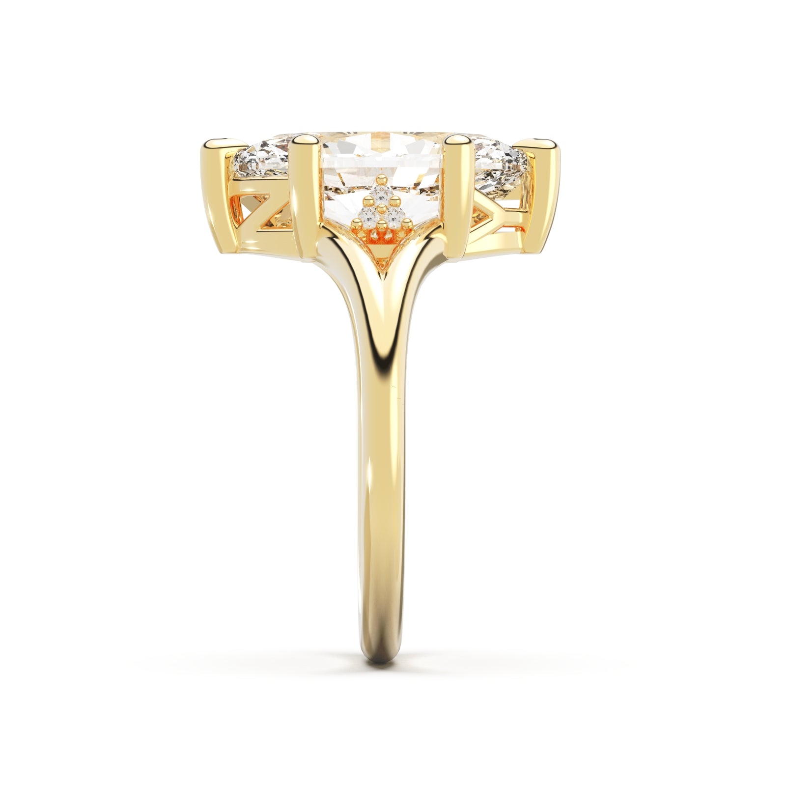 Upright view of Marquise Cut Diamond Ring with claw setting featuring initials on the side