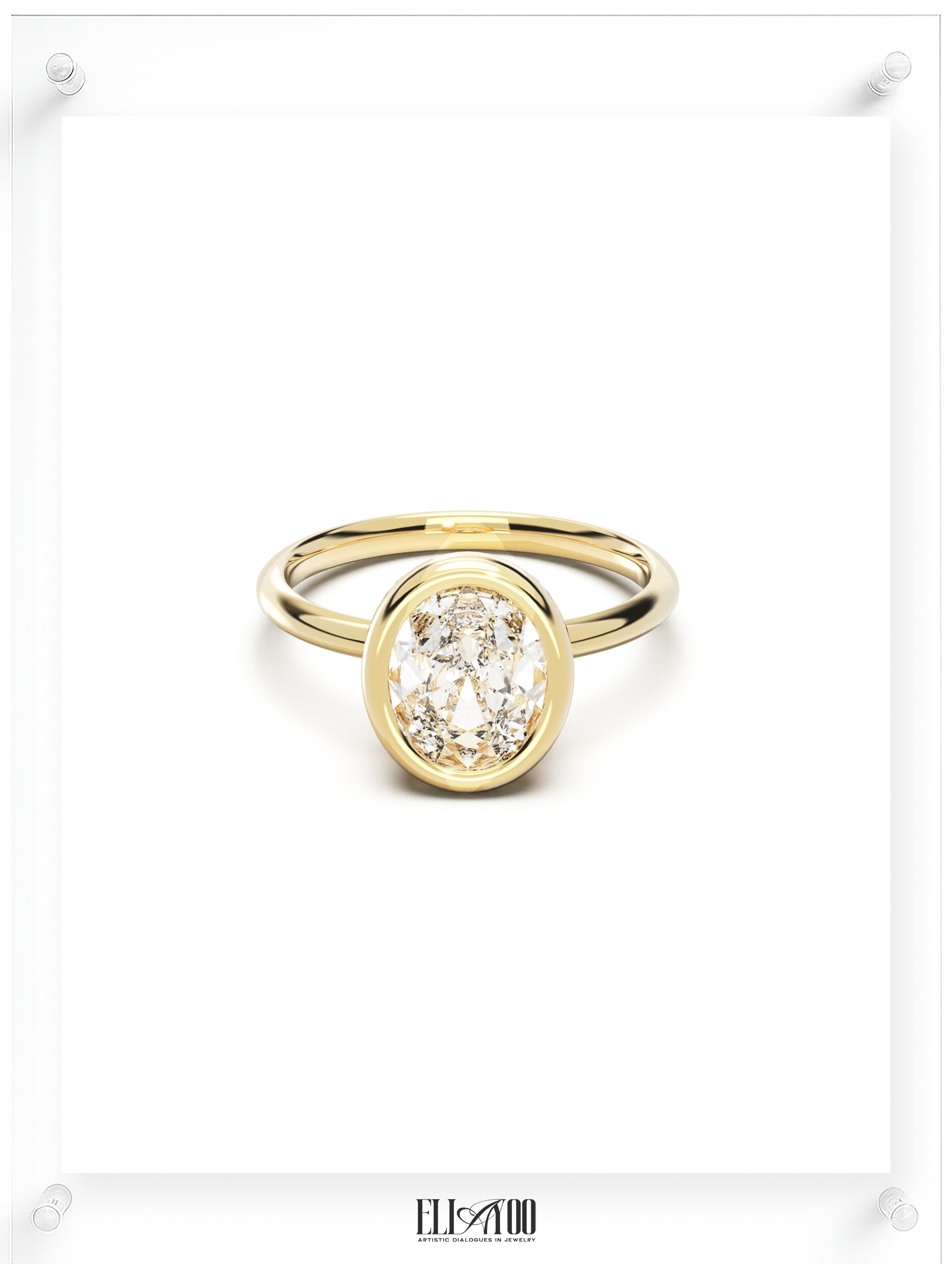 Front view of Oval Cut Diamond Ring with bezel setting featuring initials on the side