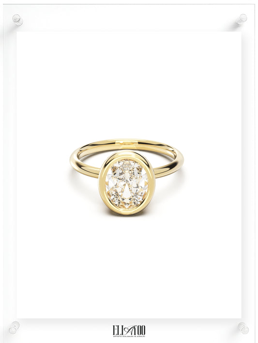 Front view of Oval Cut Diamond Ring with bezel setting featuring initials on the side