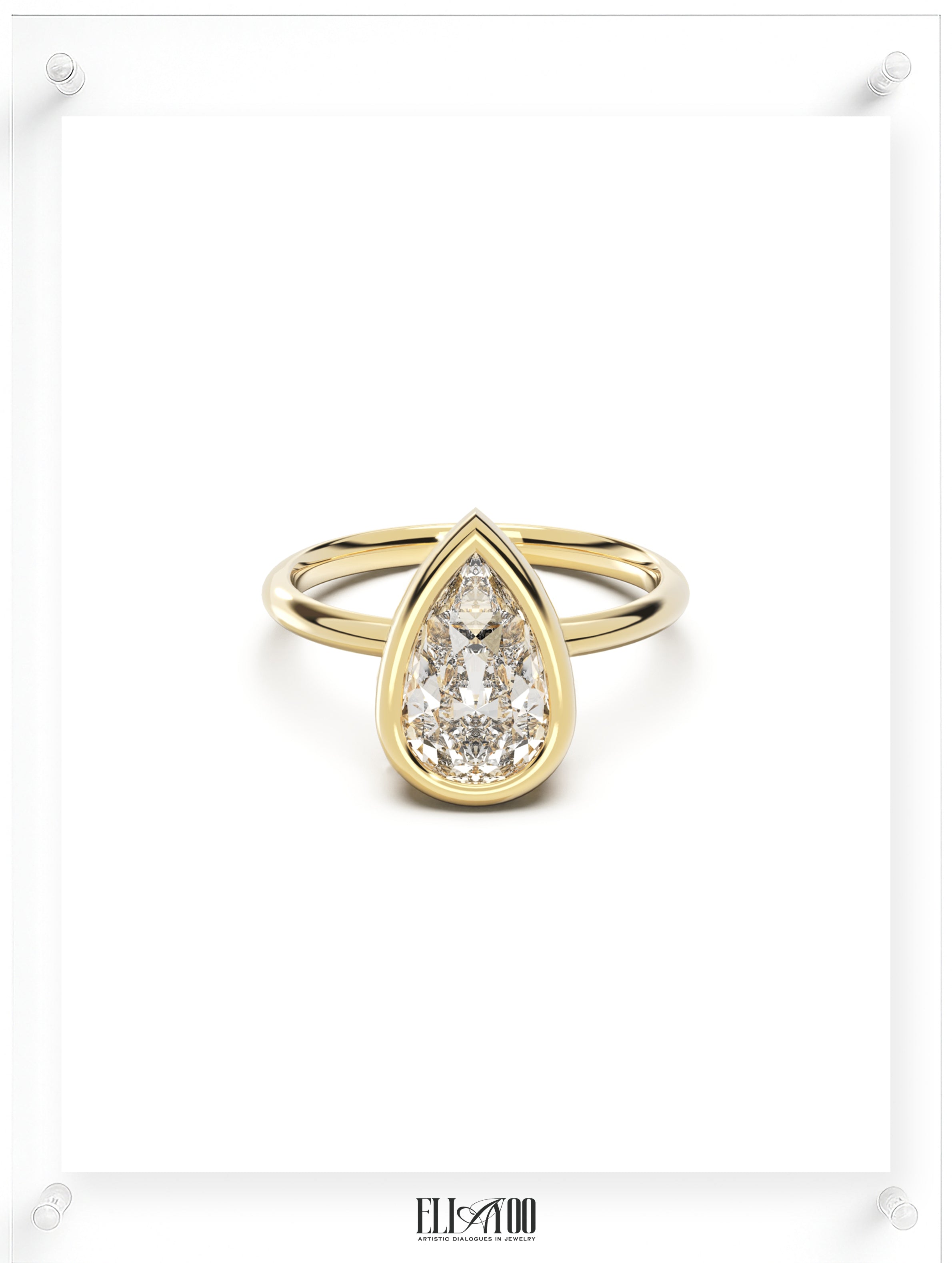Front view of Pear Cut Diamond Ring with bezel setting featuring initials on the side