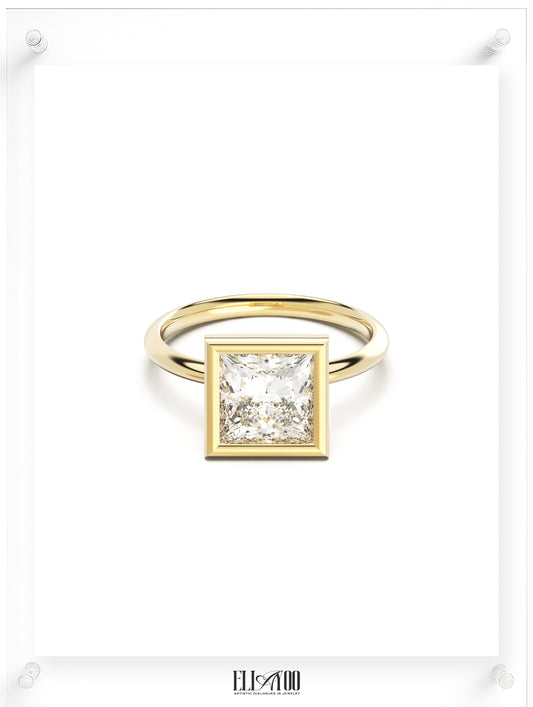 Front view of Princess Cut Diamond Ring with bezel setting featuring initials on the side