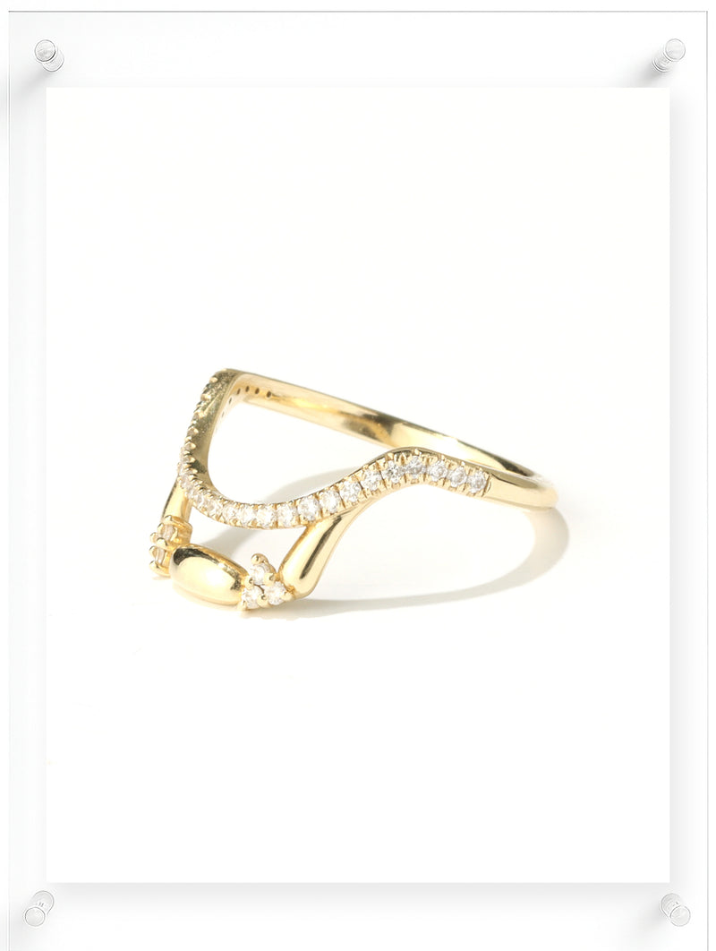 Contemporary yellow gold open ring with pav챕 diamond details, side view