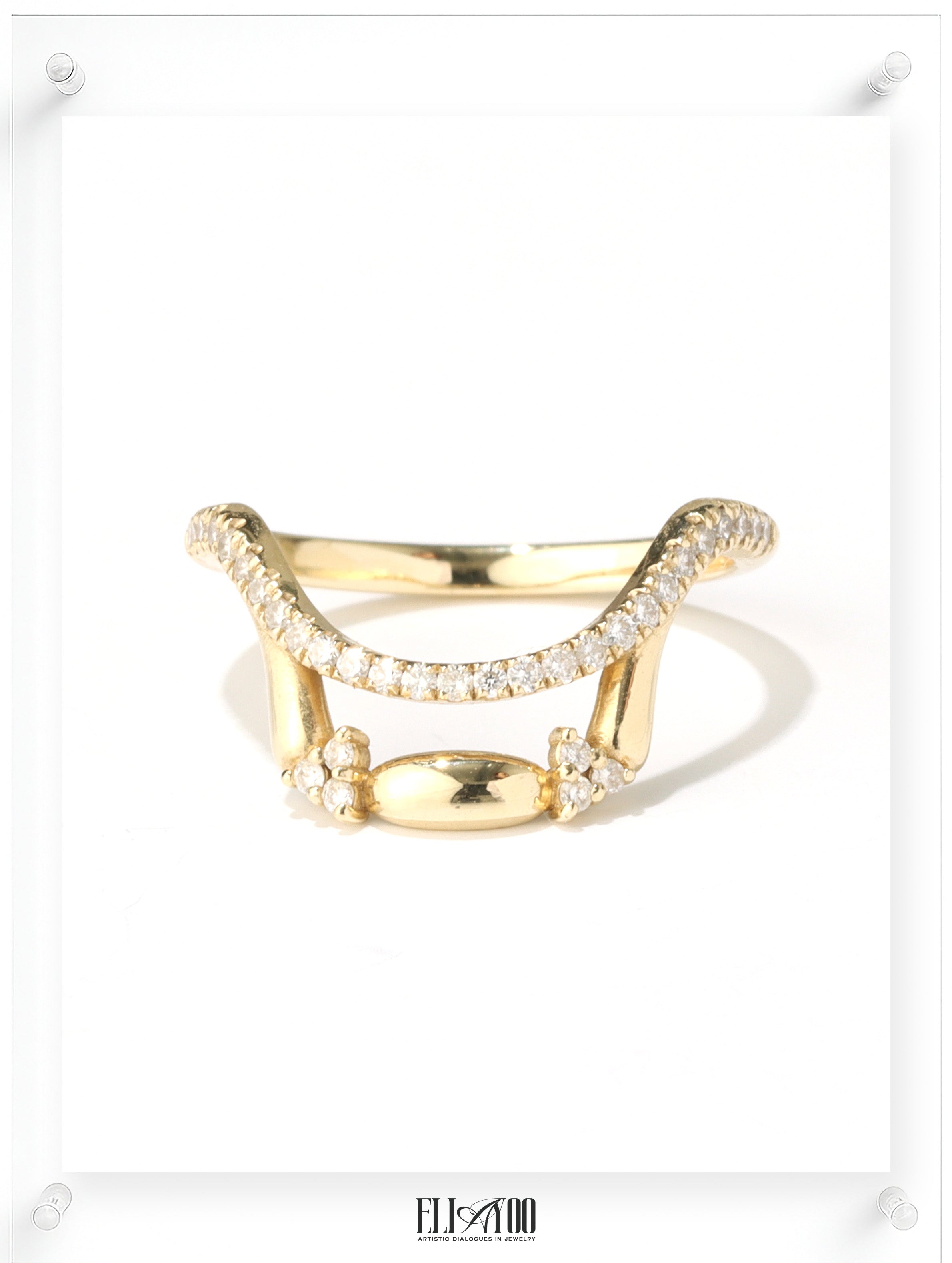 Contemporary yellow gold open ring with pavé diamond details, front view