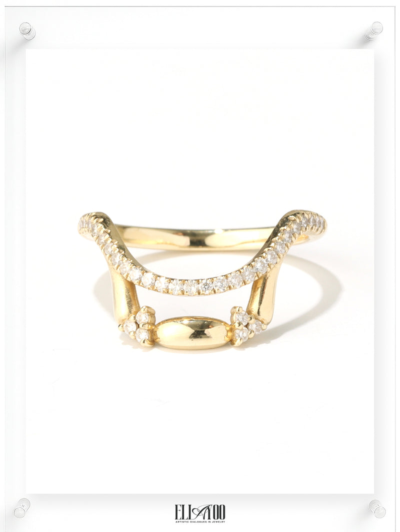 Contemporary yellow gold open ring with pav챕 diamond details, front view