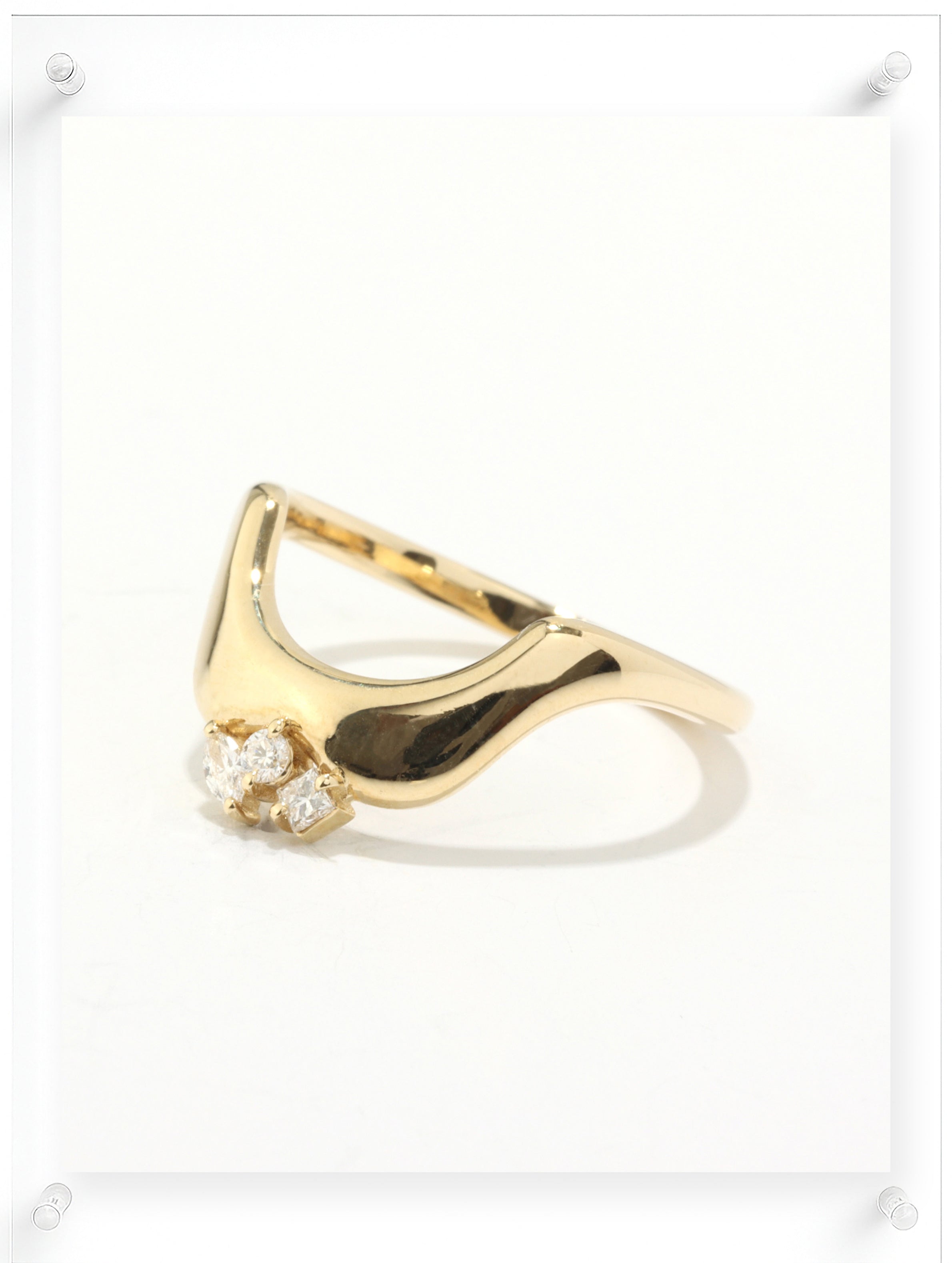 14K Yellow Gold Diamond Band with Sculptural Curved Design on White Background by Ella Yoo Jewelry
