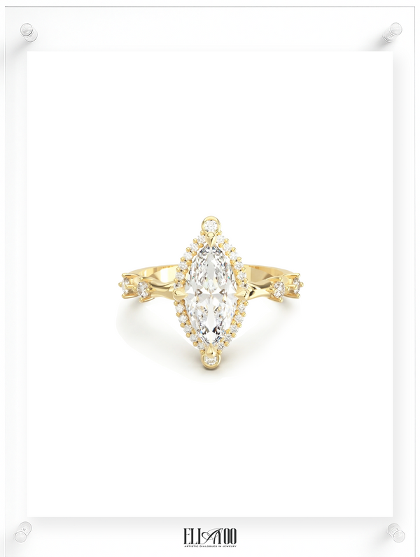 Front view of a yellow gold ring featuring a marquise-cut center diamond surrounded by a delicate halo of round diamonds, with subtle side stone accents, showcasing an elegant fine jewelry design by Ella Yoo Jewelry