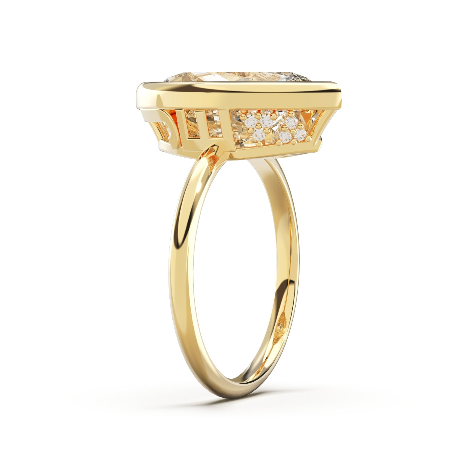 Upright side view of Marquise Cut Diamond Ring with bezel setting featuring initials on the side