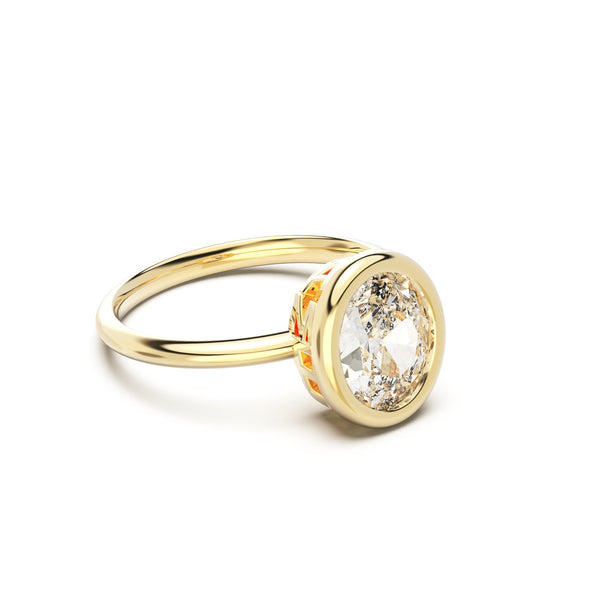 Side view of Oval Cut Diamond Ring with bezel setting featuring initials on the side