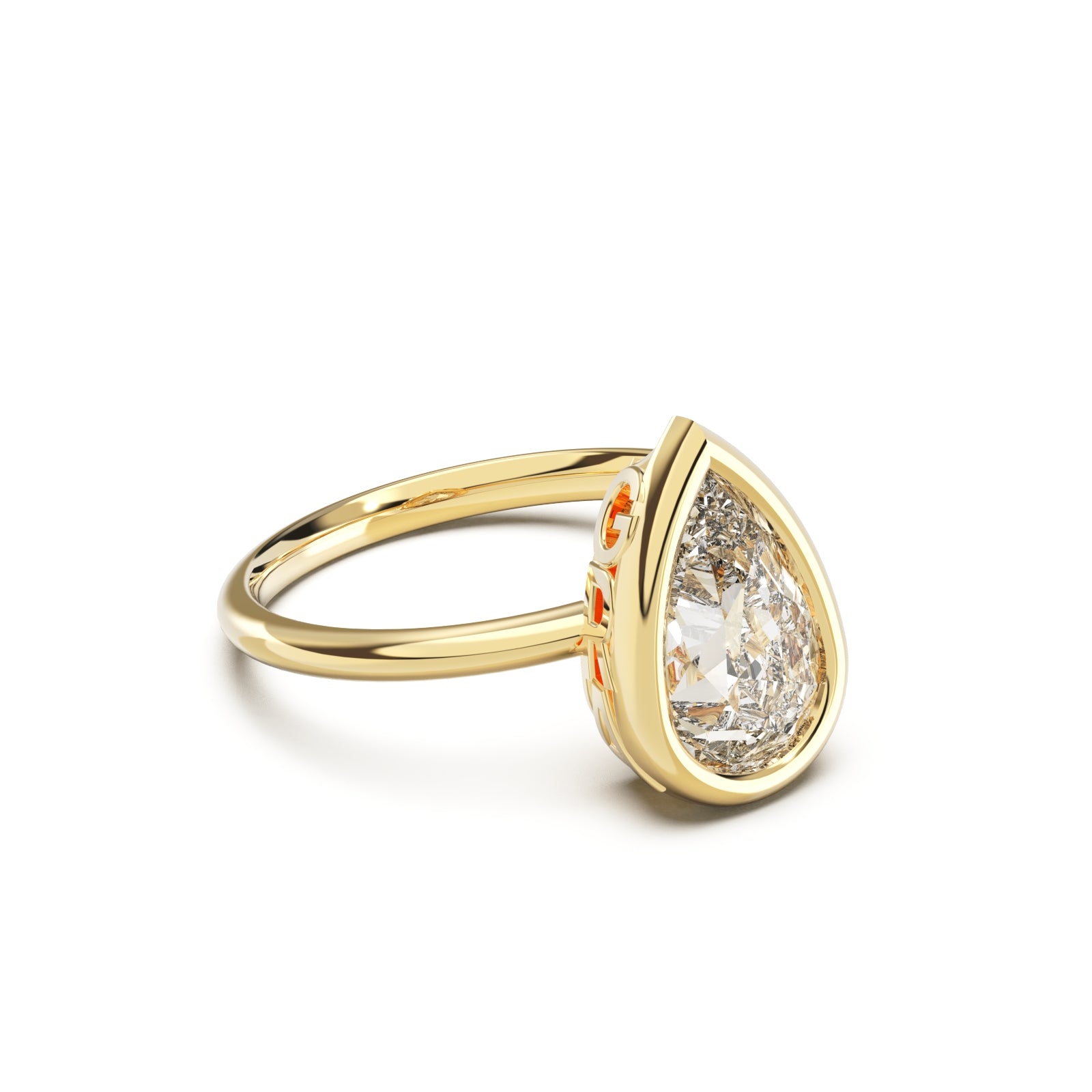 Side view of Pear Cut Diamond Ring with bezel setting featuring initials on the side