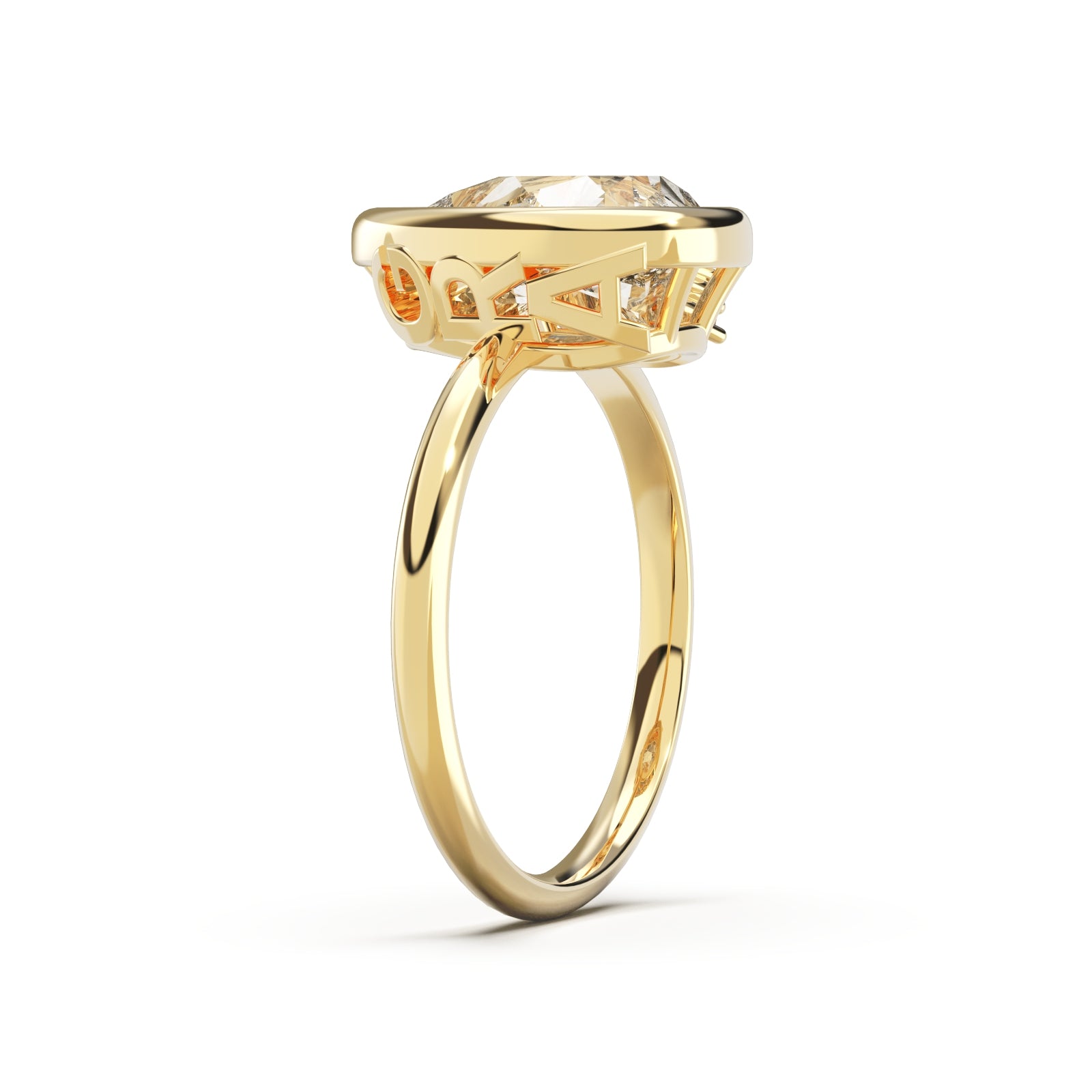 Upright side view of Pear Cut Diamond Ring with bezel setting featuring initials on the side