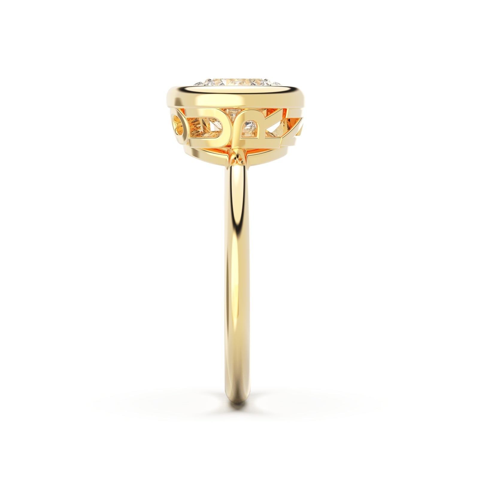 upright view of Round Diamond Ring with bezel setting featuring initials on the side
