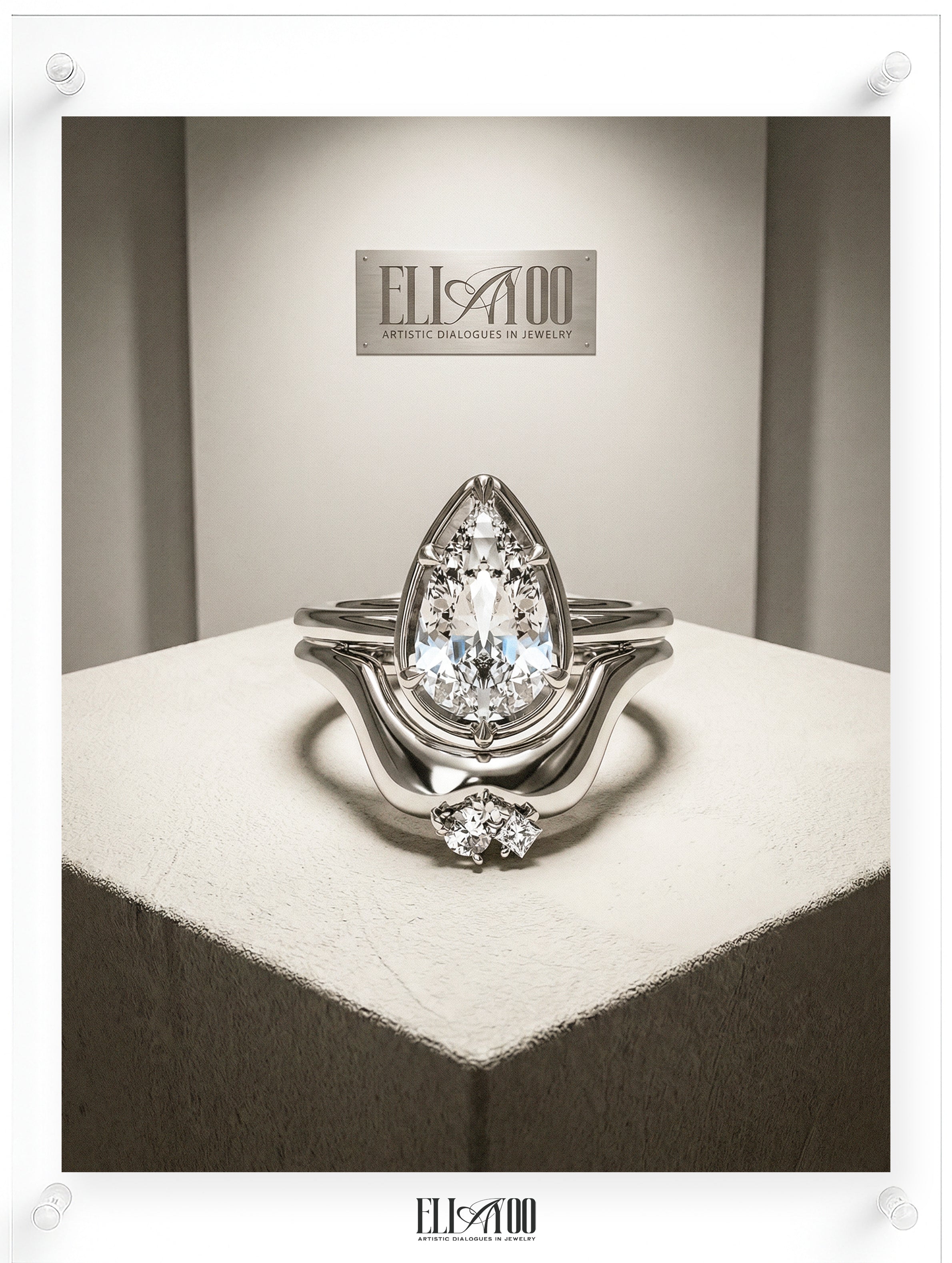 White gold pear-shaped diamond ring with a sculptural flowing setting, soft natural light, front shot