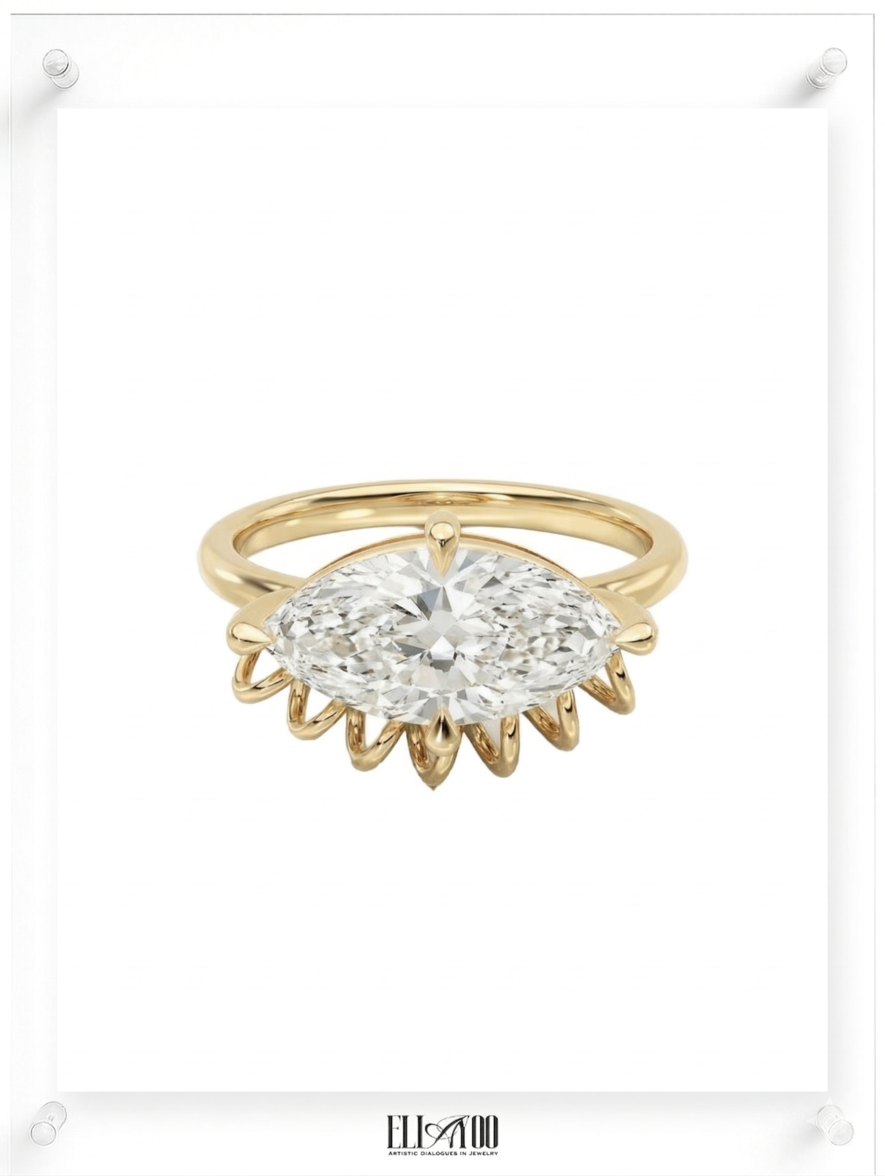 ella yoo artistic yellow gold marquise-cut diamond ring with a unique sculptural coiled wire setting, modern fine jewelry design.