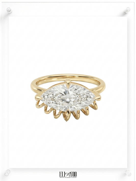 ella yoo artistic yellow gold marquise-cut diamond ring with a unique sculptural coiled wire setting, modern fine jewelry design.