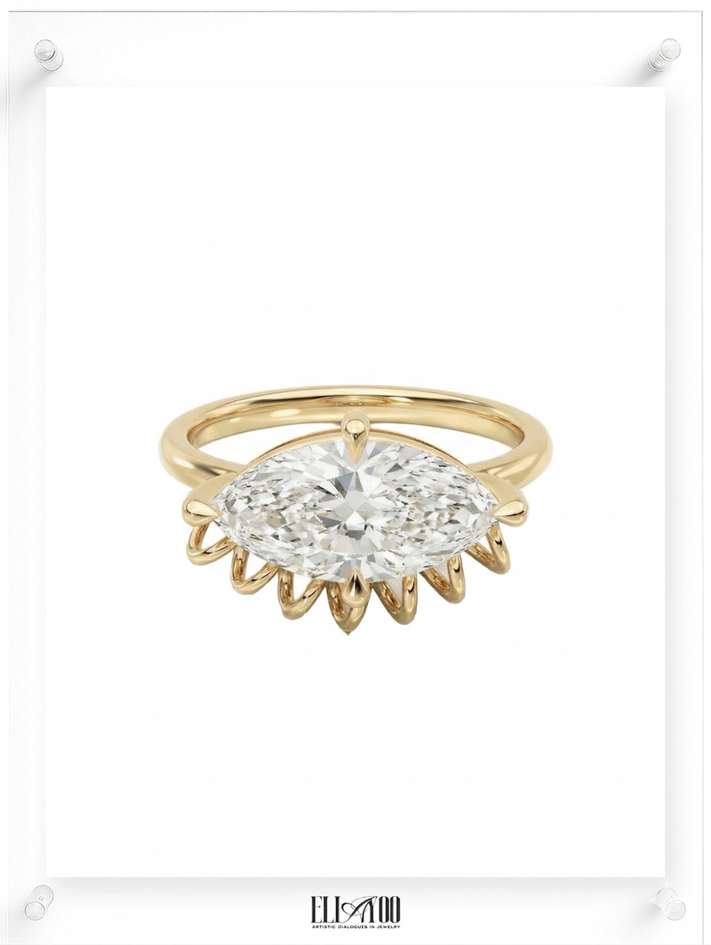 ella yoo artistic yellow gold marquise-cut diamond ring with a unique sculptural coiled wire setting, modern fine jewelry design.