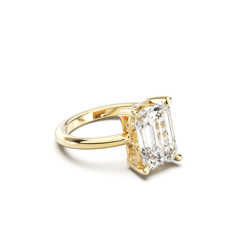 Side view of Radiant Cut Diamond Ring with claw setting featuring initials on the side
