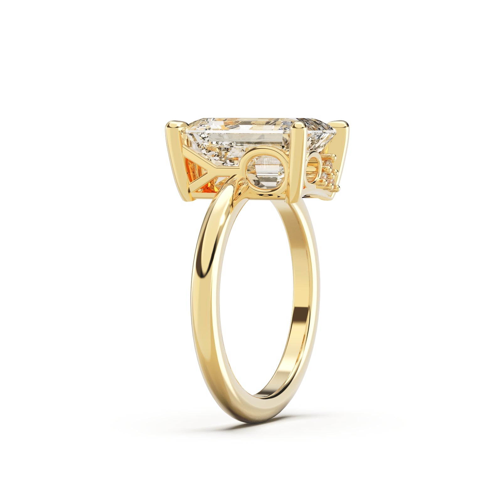 Upright side view of Radiant Cut Diamond Ring with claw setting featuring initials on the side