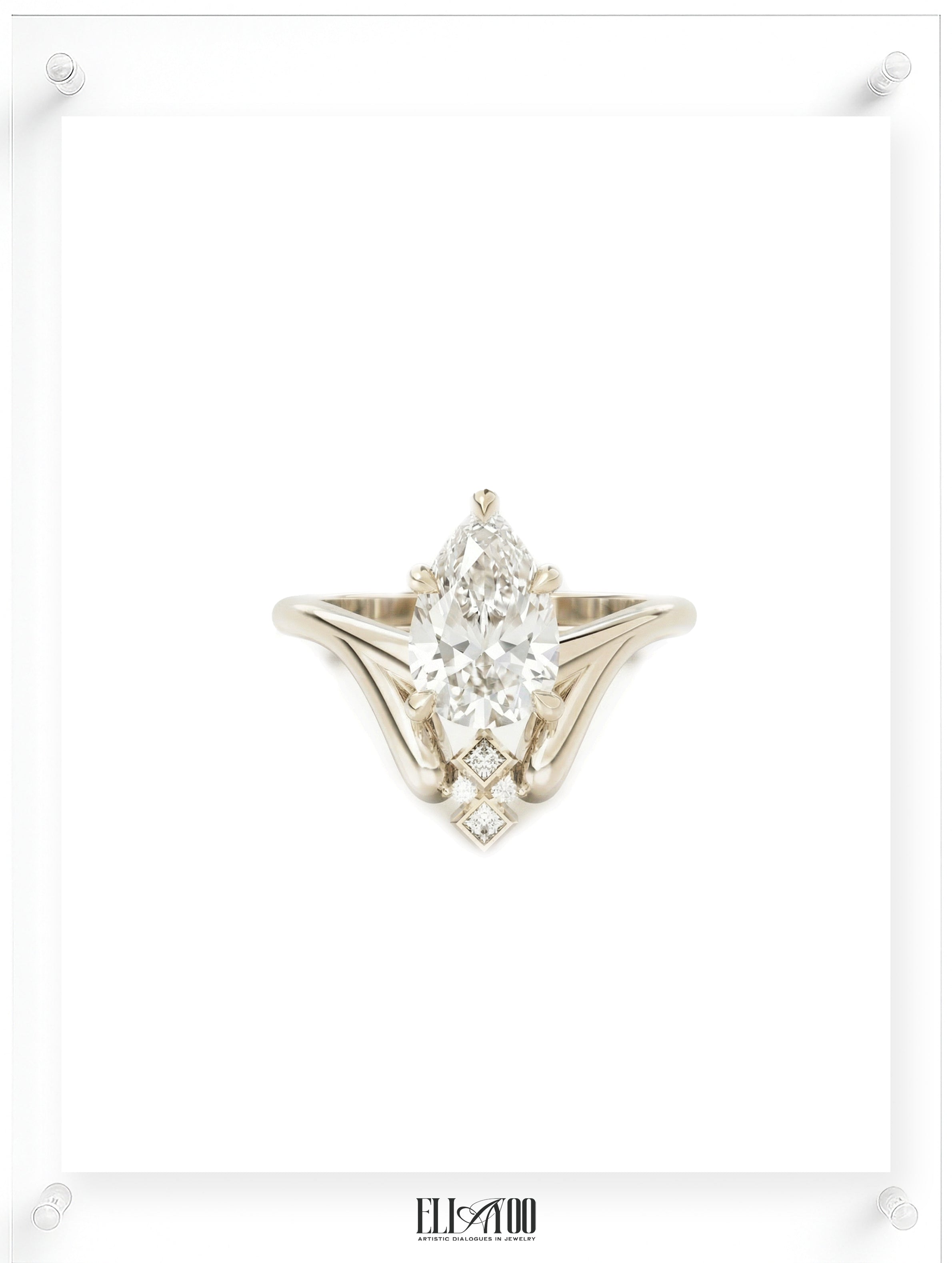 Front Front shot of 14k White Gold Pear cut Diamond Ring with guard stone detail