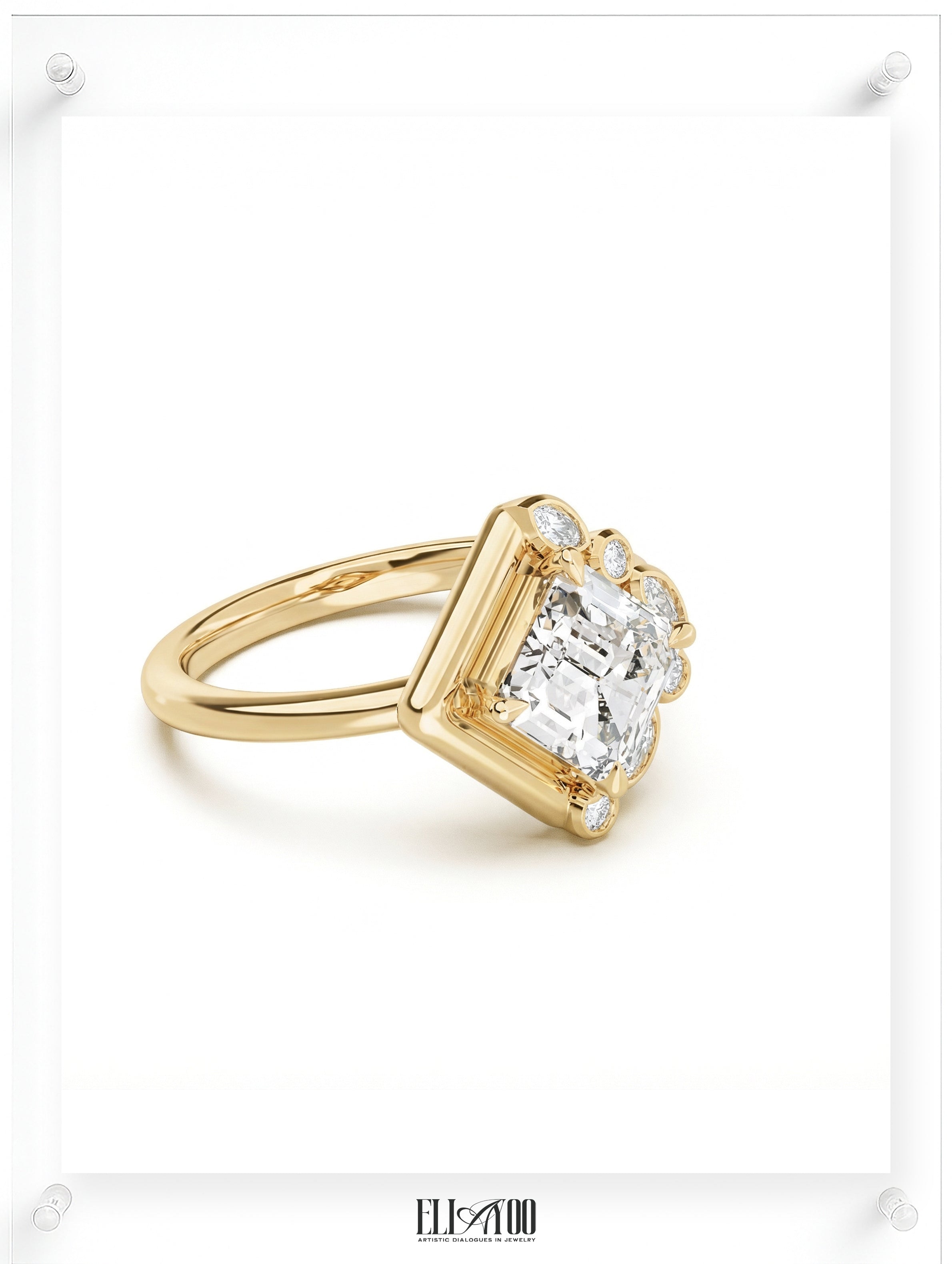 Contemporary yellow gold ring with emerald-cut diamond and pavé diamond accents, side view