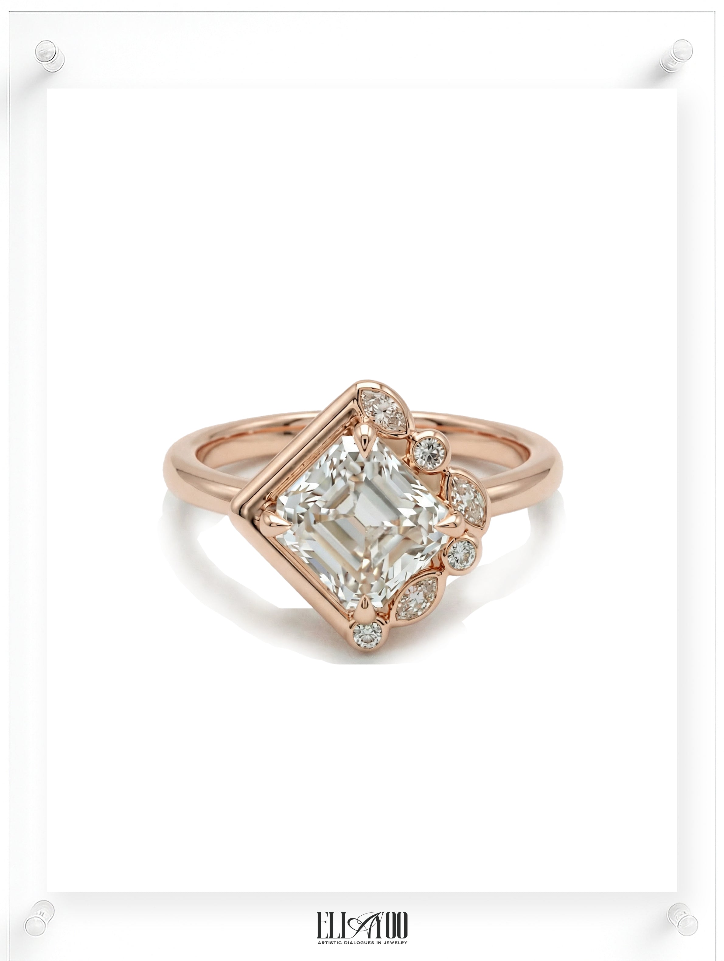 Contemporary Rose gold ring with emerald-cut diamond and pavé diamond accents, front view