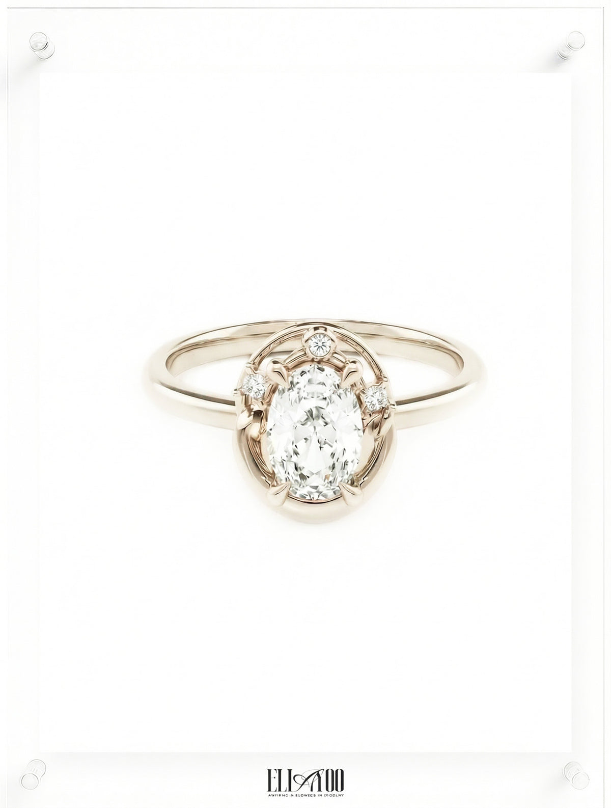 Front shot of 14k WhiteGold Oval cut Diamond Ring with guard stone detail