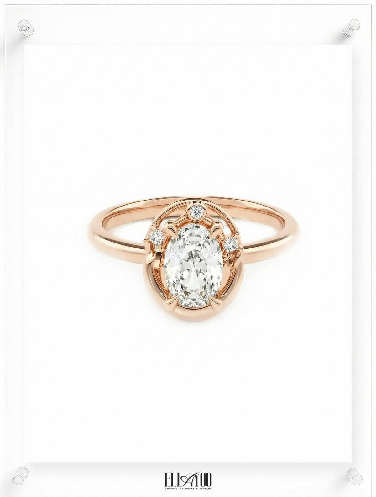 Front shot of 14k Rose Gold Oval cut Diamond Ring with guard stone detail