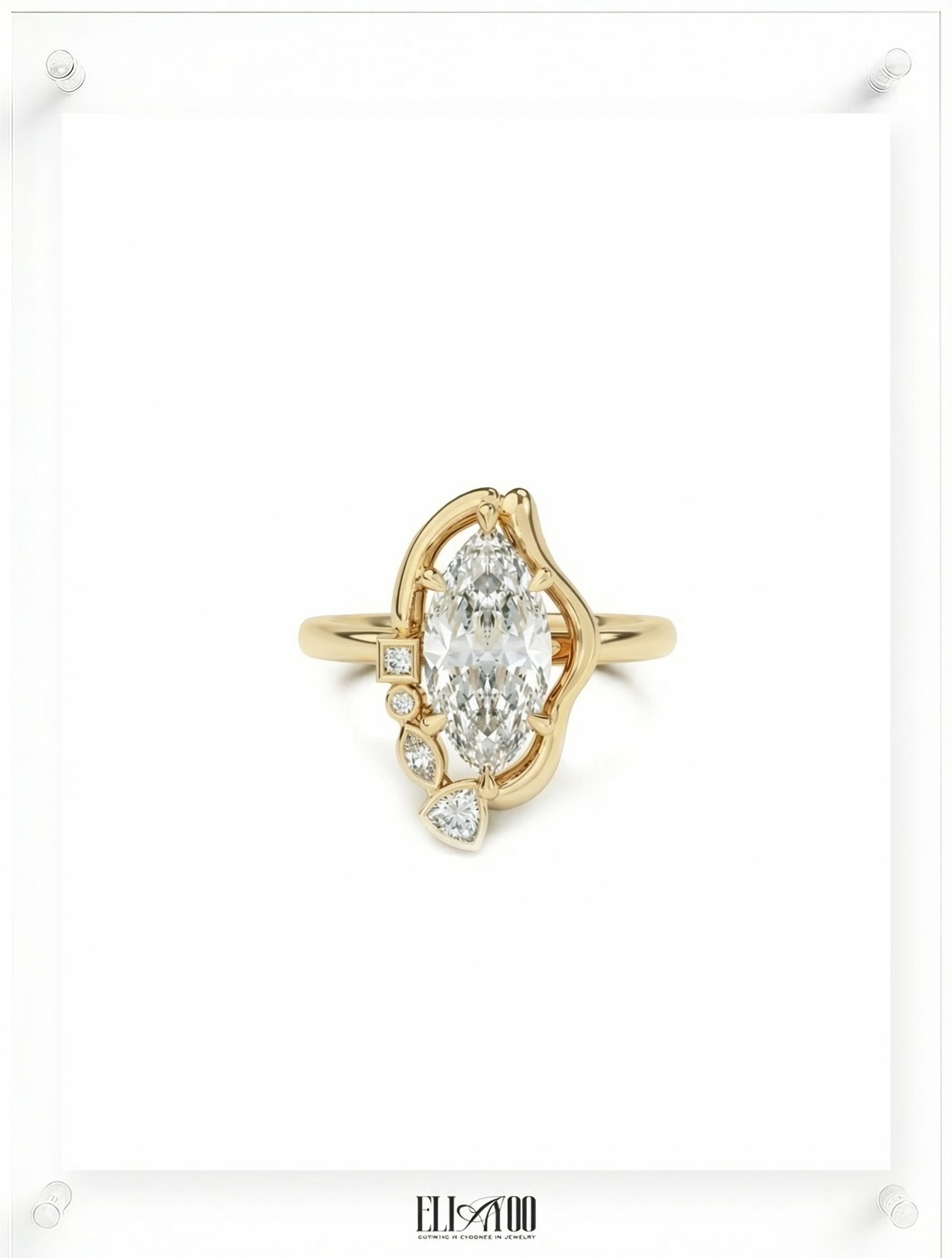 Front shot of 14k Yellow Gold Marquise cut Diamond Ring with organic shape