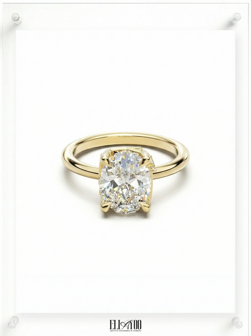 Front view of Round Cut Diamond Ring with claw setting featuring initials on the side