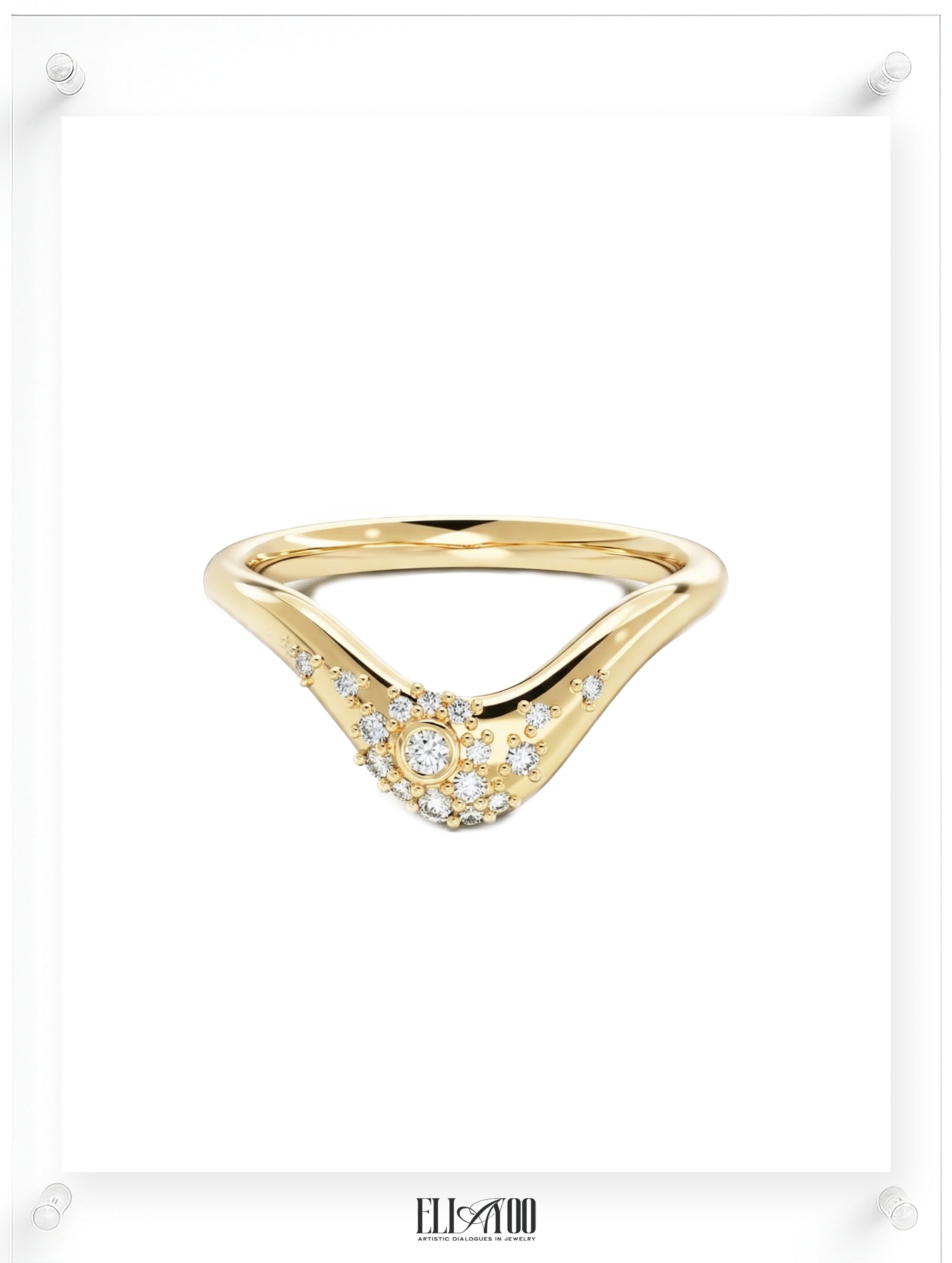 Curved diamond contour band ring in 14k yellow gold with round pavé diamonds